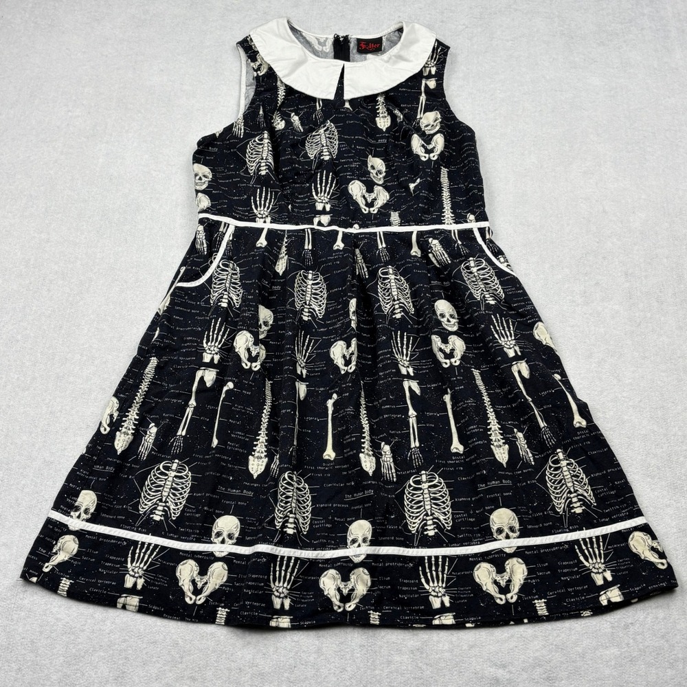 Folter Dress Womens 1X Black Skeleton Anatomy Peter Pan Collar Fit Flare Pockets